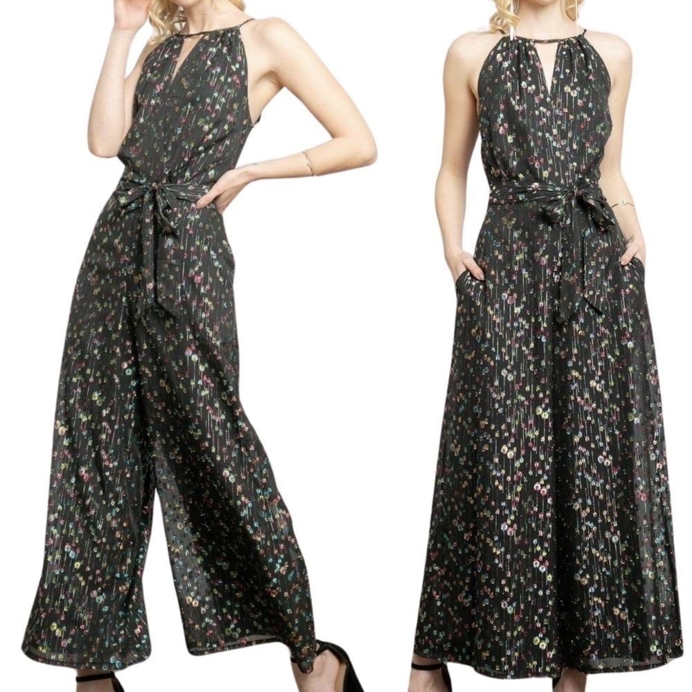 Eva Franco Anthropologie Rainbow Swiss Dot Black Metallic Halter Jumpsuit Size 2